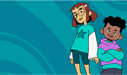 Cartoon girl with glasses and boy standing together in front of a teal background