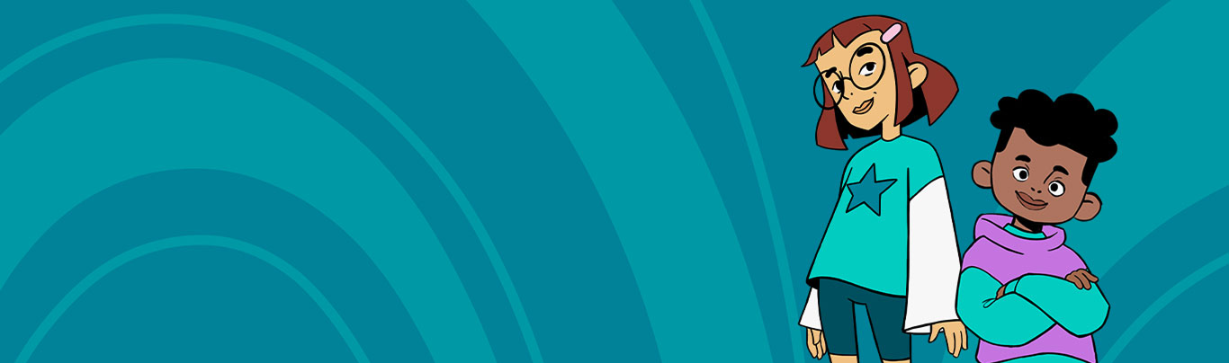 Cartoon girl with glasses and boy standing together in front of a teal background