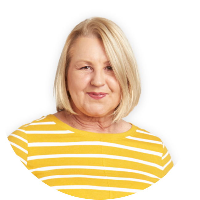 Woman in yellow and white striped shirt looking straight ahead